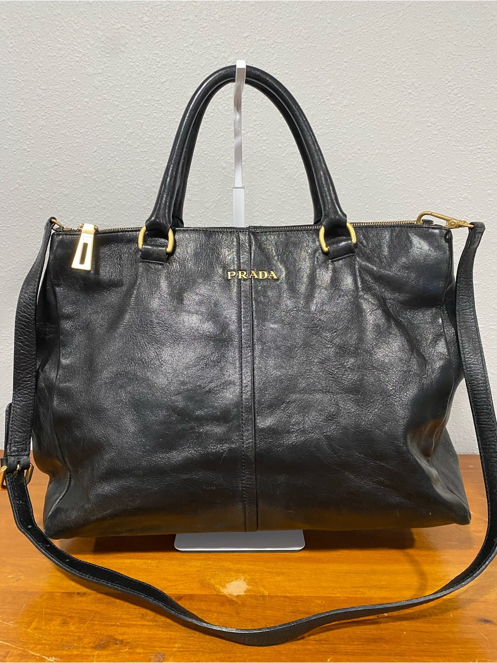 Black Leather Satchel with Gold Accents